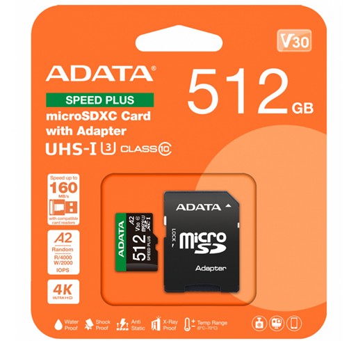 MicroSDXC ADATA 512 GB UHS-I - Speed Plus - V30 - UD512GUI3V30A2SP-RA1